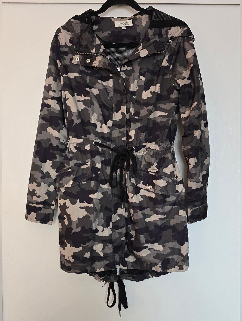 Charlotte Russe - Hooded Camo Lightweight Windbreaker Jacket With Pockets